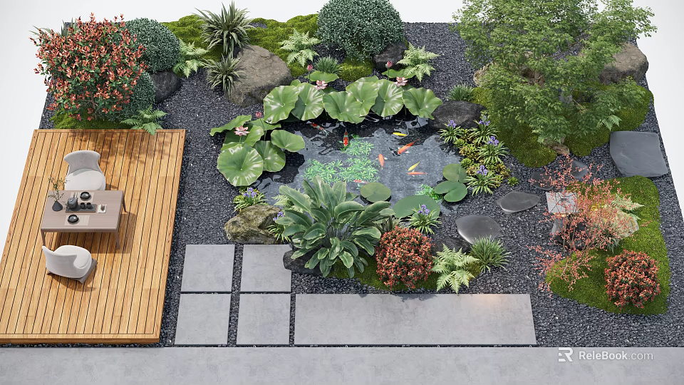 Courtyard Garden Design With Koi Fish Pond Lotus Leaves And Wooden Deck 3d model 