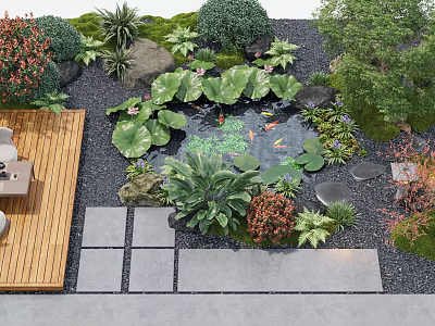 Courtyard Garden Design With Koi Fish Pond Lotus Leaves And Wooden Deck 3d model