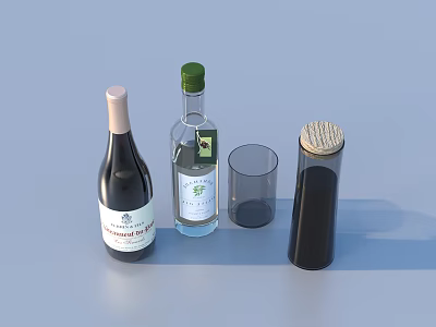 Red Wine Bottle Clear Liquid Container With Green Cap Transparent Glass And Black Jar 3d model