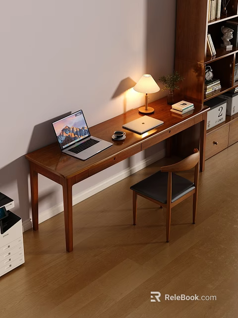 Wooden Desk with Laptop Table Lamp Books Cup Chair and Bookshelf with Potted Plant 3d model 