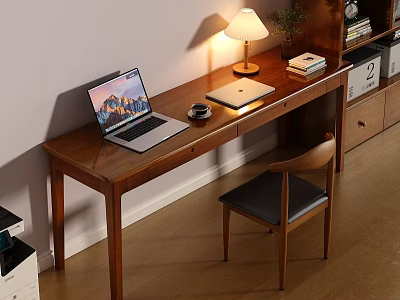 Wooden Desk with Laptop Table Lamp Books Cup Chair and Bookshelf with Potted Plant 3d model