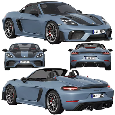 Blue Porsche Boxster Convertible With Sporty Black Stripes And Red Brake Calipers 3d model