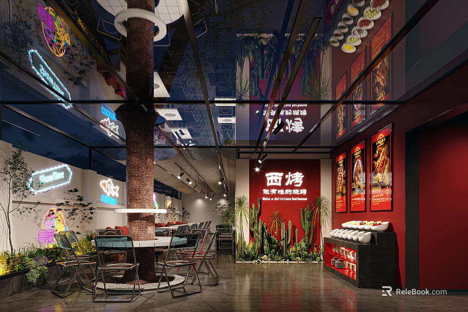 Vibrant Restaurant Interior With Neon Signs Red Walls Green Plants And Decorative Pillars 3d model 