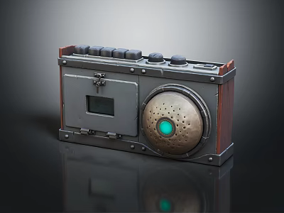 Retro Vintage Audio Speaker With Wooden Frame Metal Panel And Round Green Light 3d model
