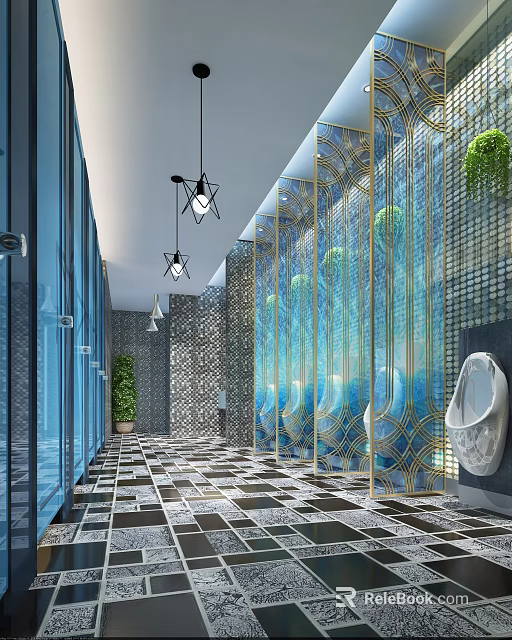 Modern Public Restroom With Blue Glass Partitions Hanging Lights And Geometric Floors 3d model 