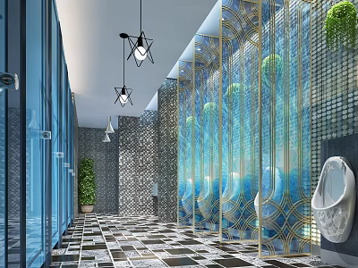 Modern Public Restroom With Blue Glass Partitions Hanging Lights And Geometric Floors 3d model