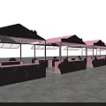 Row Of Pink Outdoor Decorative Pavilions With Multiple Stalls And Stone Floor