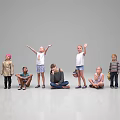 Group of Children Standing and Sitting in Various Poses Against Grey Background With White Floor 3d model