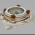 Vibrant red flowers decorating circular stone fountain on stone slab platform