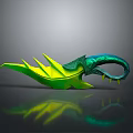 Green and Yellow Fantasy Bladed Weapon with Spiked Blade and Decorative Handle