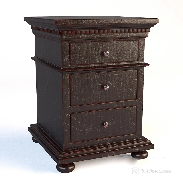 Traditional Dark Wooden Bedside Table Featuring Three Drawers And Decorative Legs 3d model 