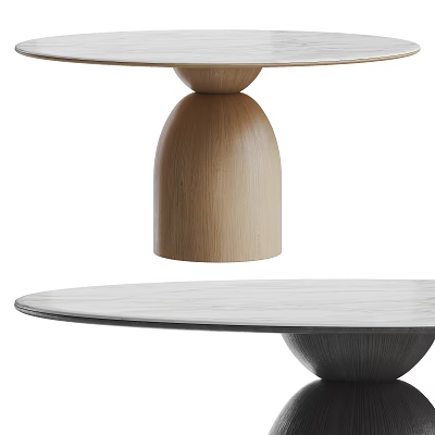 Modern Round Dining Table With Wooden Cylindrical Base And Smooth Tabletop Design 3d model