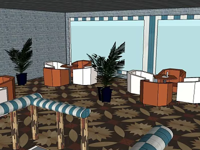 Café Interior With Round Tables Chairs Potted Plants Large Windows And Patterned Flooring 3d model