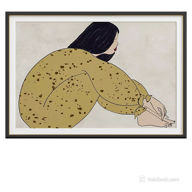 Abstract Painting Of Side Sitting Woman With Black Long Hair In Yellow Dotted Dress 3d model 