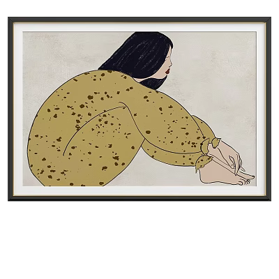 Abstract Painting Of Side Sitting Woman With Black Long Hair In Yellow Dotted Dress 3d model