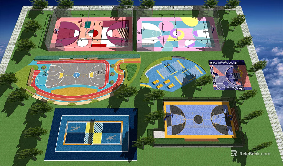 Colorful Multi Functional Sports Courts Design With Basketball Areas And Surrounding Greenery 3d model 