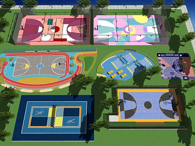 Colorful Multi Functional Sports Courts Design With Basketball Areas And Surrounding Greenery 3d model