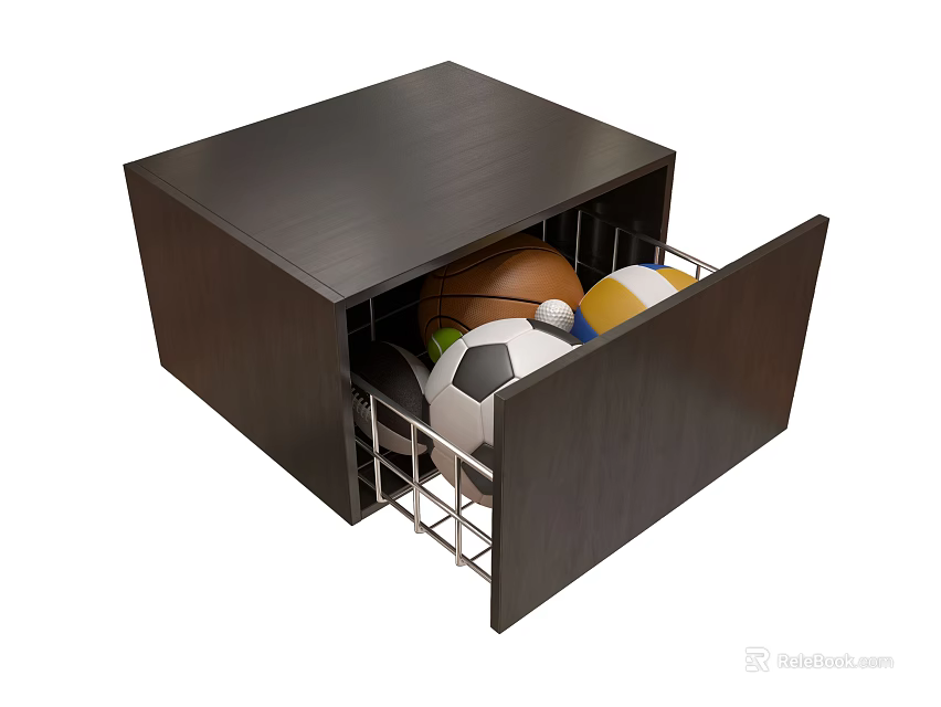 Dark Wooden Drawer Cabinet With Open Drawer Containing Balls And Metal Rack 3d model 