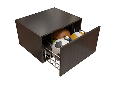 Dark Wooden Drawer Cabinet With Open Drawer Containing Balls And Metal Rack 3d model