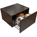 Dark Wooden Drawer Cabinet With Open Drawer Containing Balls And Metal Rack