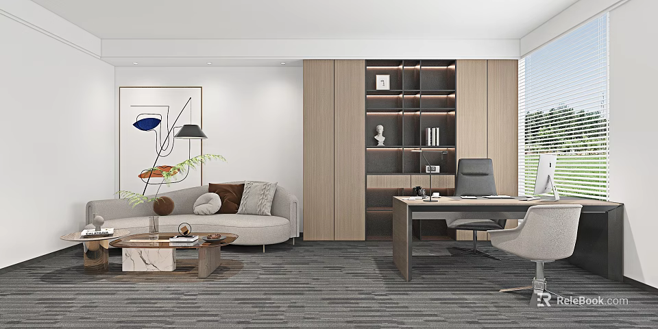 Modern Office Interior With Sofa Bookshelf Desk And Decorative Artwork 3d model