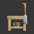 Wooden Workbench Setup With Tools Paint Cans Paper And Green Pencil