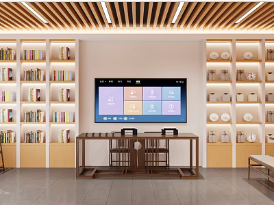 Traditional Chinese Tea House Interior With Bookshelves Large Screen And Chairs 3d model