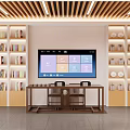 Traditional Chinese Tea House Interior With Bookshelves Large Screen And Chairs