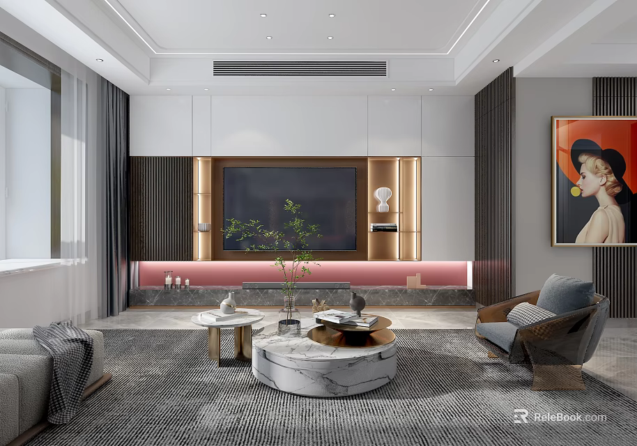 Modern Living Room Interior With TV Wall Marble Coffee Table Gray Sofa And Decorative Painting 3d model 