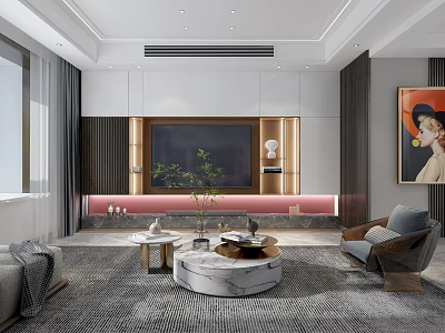 Modern Living Room Interior With TV Wall Marble Coffee Table Gray Sofa And Decorative Painting 3d model