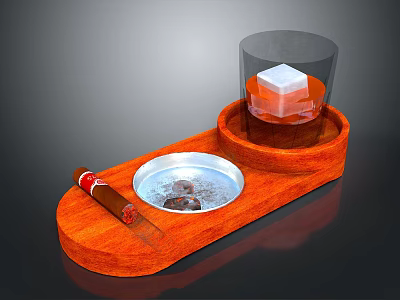 Wooden Tray Featuring Ashtray Cigar And Glass With Ice Cube 3d model