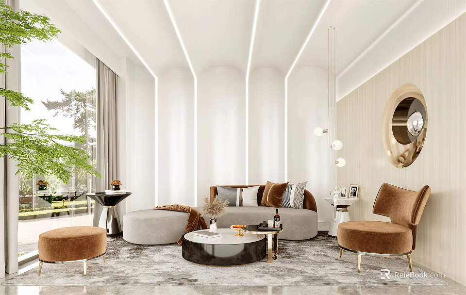 Modern Hotel Lobby Interior With White Sofa Round Coffee Table Floor to Ceiling Windows Greenery 3d model 