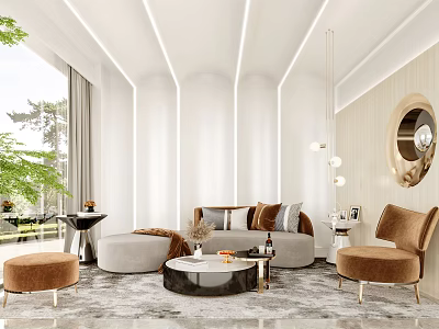 Modern Hotel Lobby Interior With White Sofa Round Coffee Table Floor to Ceiling Windows Greenery 3d model