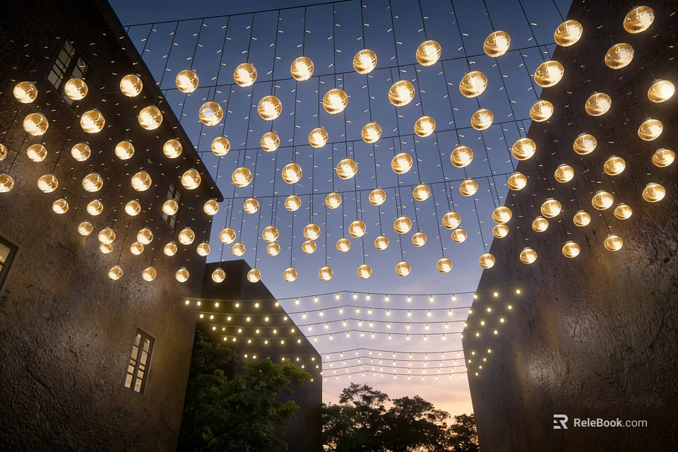 Warm Hanging Decorative Lights Illuminate Outdoor Building Space With Trees At Dusk 3d model 