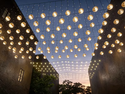 Warm Hanging Decorative Lights Illuminate Outdoor Building Space With Trees At Dusk 3d model