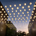Warm Hanging Decorative Lights Illuminate Outdoor Building Space With Trees At Dusk