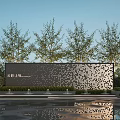 Modern Landscape Feature Wall Design With Perforated Dot Pattern Water Pool Reflection And Trees 3d model