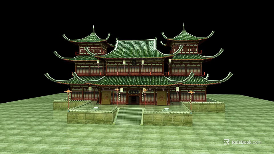 Cartoon Scene Of Chinese Traditional Multi Tiered Building With Green Roof Red Structure And Lanterns 3d model 