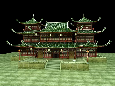 Cartoon Scene Of Chinese Traditional Multi Tiered Building With Green Roof Red Structure And Lanterns 3d model