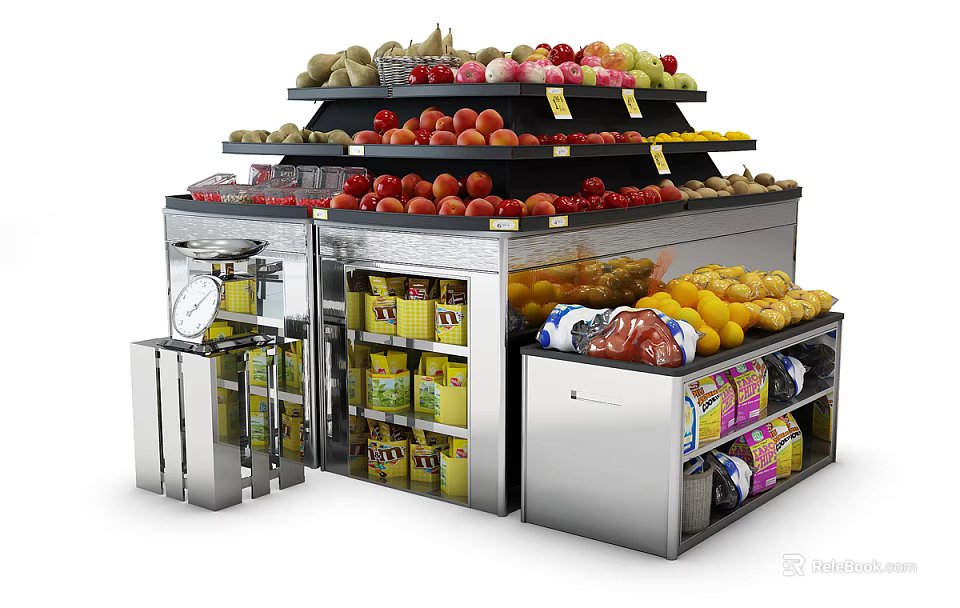 Stainless Steel Multi Tiered Display Shelves with Fresh Fruits and Bottled Food 3d model 