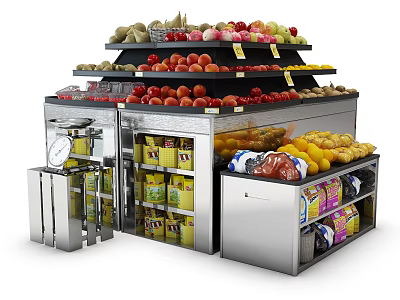 Stainless Steel Multi Tiered Display Shelves with Fresh Fruits and Bottled Food 3d model