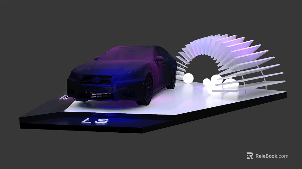 Modern Exhibition Display Shelf Showcasing Luxury Car with Curved Structure White Spheres and Purple Lighting 3d model 