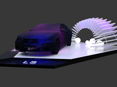 Modern Exhibition Display Shelf Showcasing Luxury Car with Curved Structure White Spheres and Purple Lighting 3d model