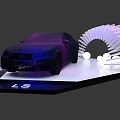 Modern Exhibition Display Shelf Showcasing Luxury Car with Curved Structure White Spheres and Purple Lighting