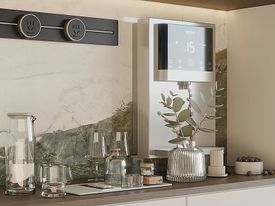 Stylish Glass Cups On Modern Kitchen Countertop With Water Dispenser And Eucalyptus Plant 3d model