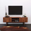 Modern Living Room Decor With TV Stand Wooden Shelves Alarm Clock Vase Twigs And Rug