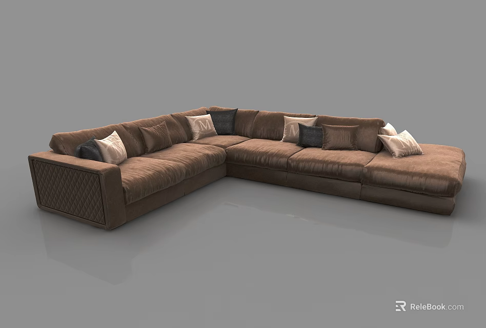 Brown Sectional Sofa With Multiple Decorative Pillows Modern Living Room Design 3d model