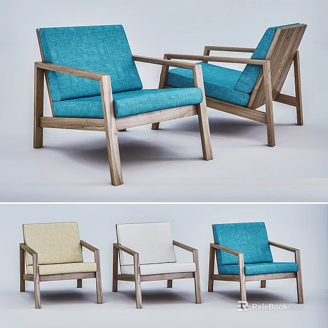 Comfortable Modern Accent Chairs with Wooden Frame and Blue Beige White Upholstery 3d model 