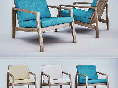 Comfortable Modern Accent Chairs with Wooden Frame and Blue Beige White Upholstery 3d model