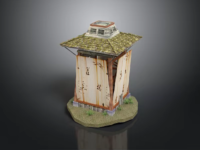 Traditional Pavilion Model With Green Tile Roof Eaves Wooden Structure Doors Windows On Grass Base 3d model